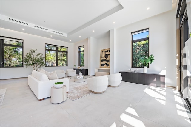 living room featuring plenty of natural light and a tray ceiling