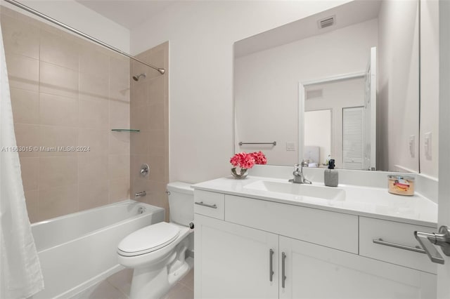 full bathroom with vanity, tile patterned floors, toilet, and shower / bathtub combination with curtain