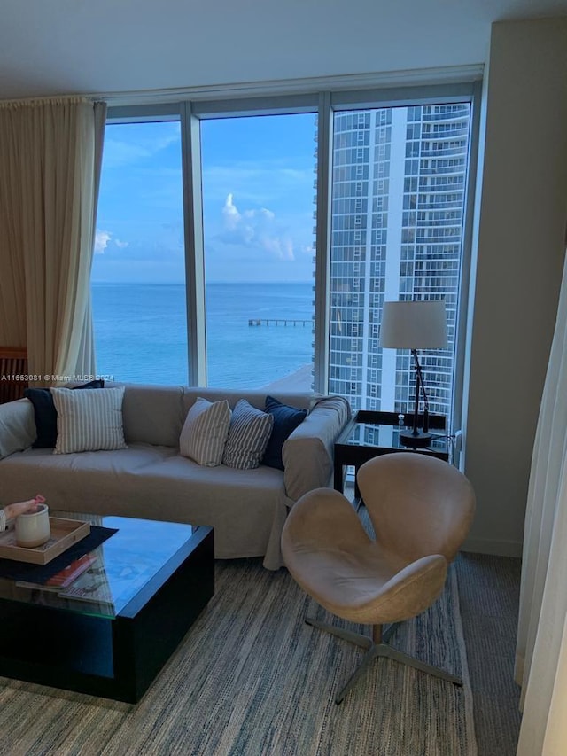 living room featuring carpet flooring and a water view