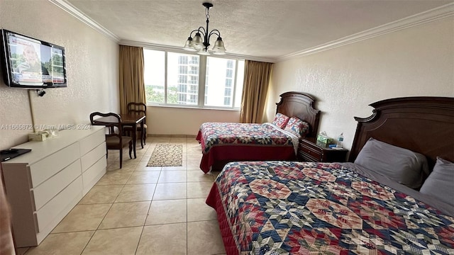 tiled bedroom with a textured ceiling, crown molding, and a notable chandelier