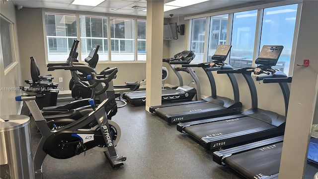 exercise room featuring a drop ceiling and a healthy amount of sunlight