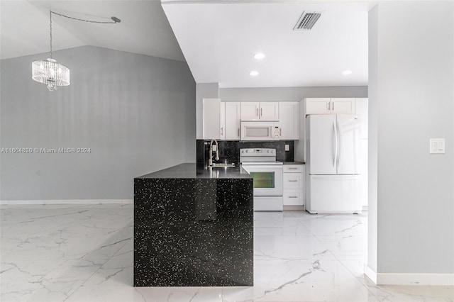 kitchen with pendant lighting, sink, white cabinets, lofted ceiling, and white appliances