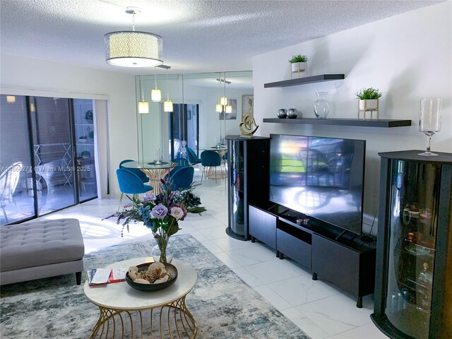 living room featuring a textured ceiling