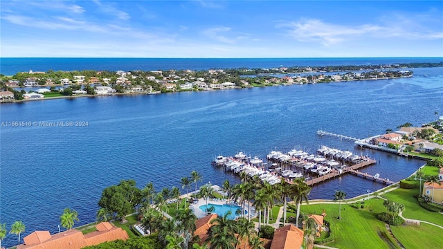 drone / aerial view featuring a water view