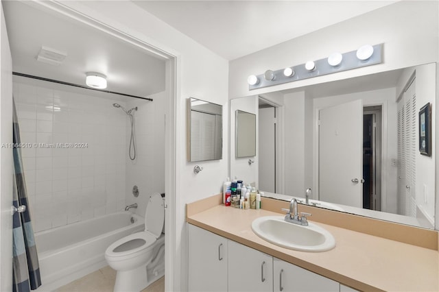 full bathroom featuring tile patterned flooring, vanity, shower / bath combination with curtain, and toilet