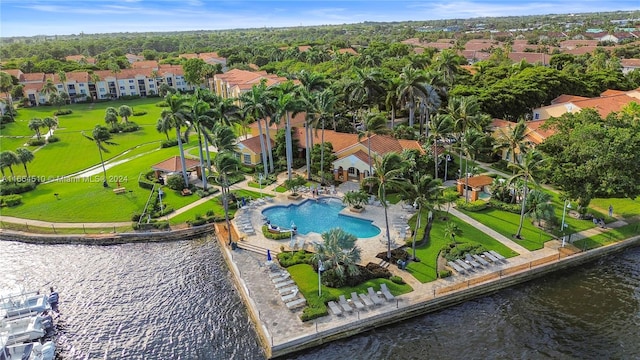 drone / aerial view featuring a water view