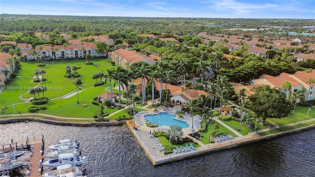 drone / aerial view with a water view