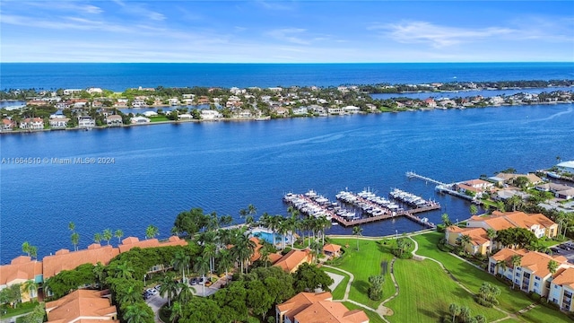 aerial view featuring a water view