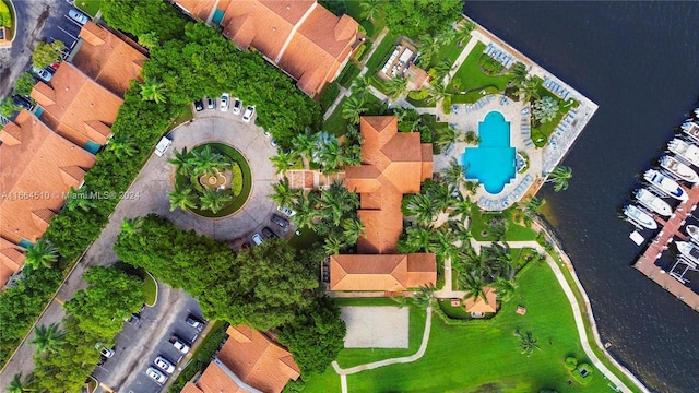 aerial view featuring a water view