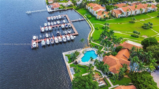 aerial view featuring a water view