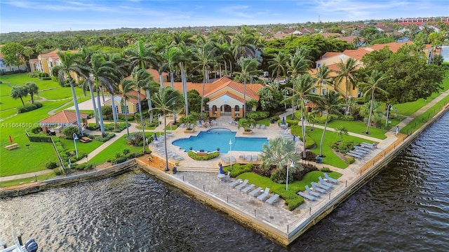 birds eye view of property featuring a water view