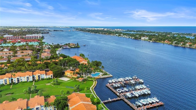 bird's eye view with a water view