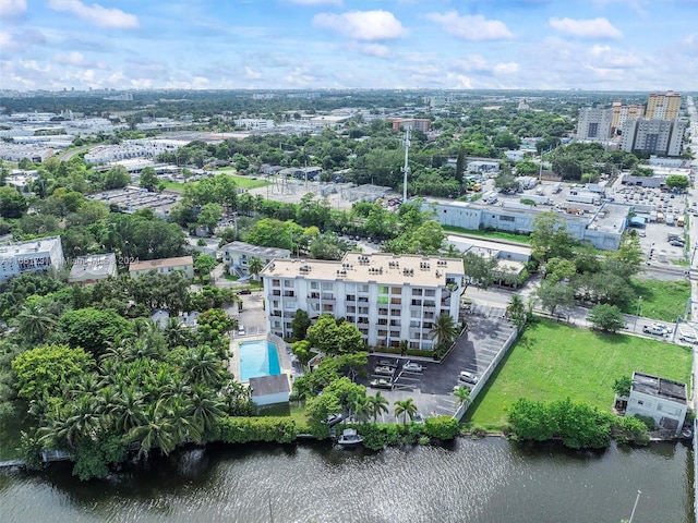 bird's eye view with a water view