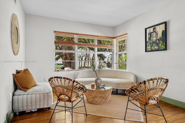 living area featuring a wealth of natural light and hardwood / wood-style floors