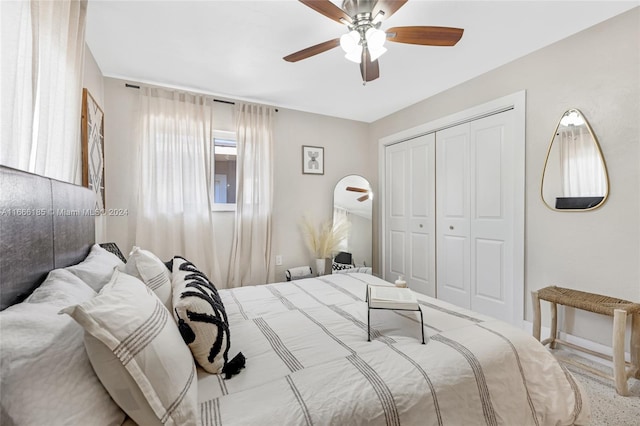 bedroom featuring ceiling fan and a closet