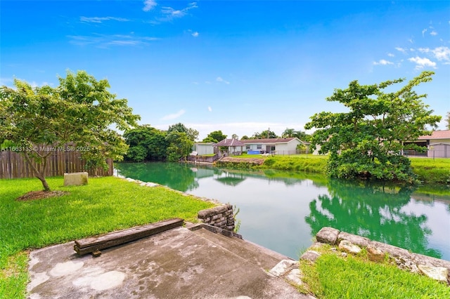 property view of water featuring fence