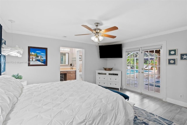 bedroom featuring ceiling fan, ornamental molding, access to outside, and light wood-type flooring