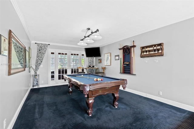 recreation room with crown molding, pool table, carpet floors, and french doors