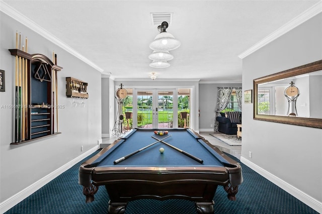 playroom featuring crown molding, pool table, and french doors