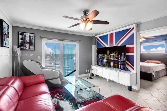 tiled living room with a wealth of natural light, ornamental molding, and ceiling fan