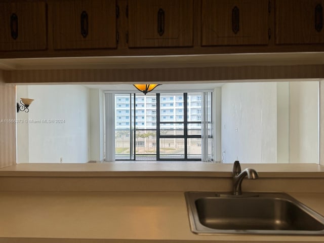 interior details with dark brown cabinets and sink