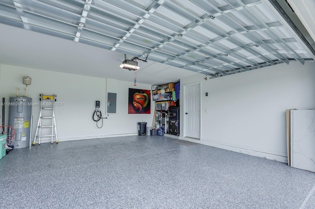 garage with white refrigerator, water heater, a garage door opener, and electric panel