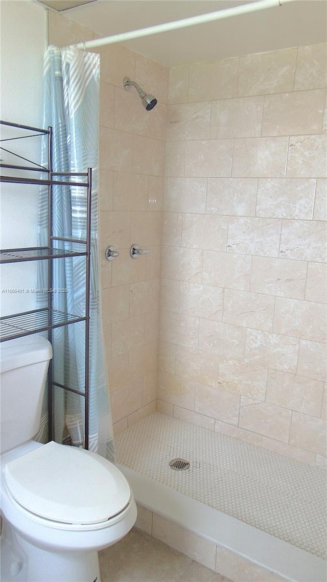 full bathroom featuring tile patterned flooring, a shower stall, and toilet