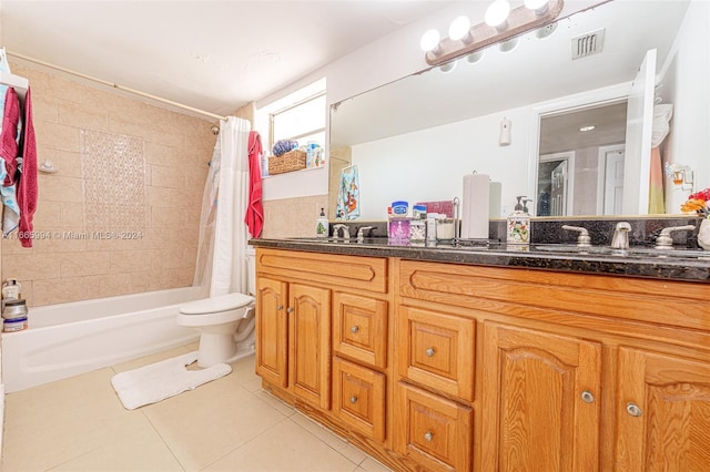 full bathroom with toilet, vanity, tile patterned floors, and shower / bathtub combination with curtain