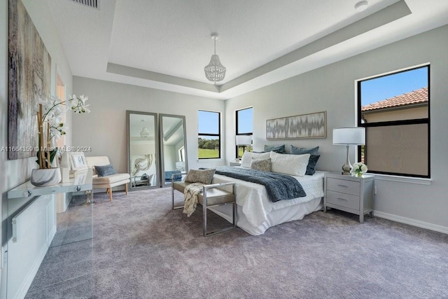 bedroom featuring a tray ceiling and carpet flooring