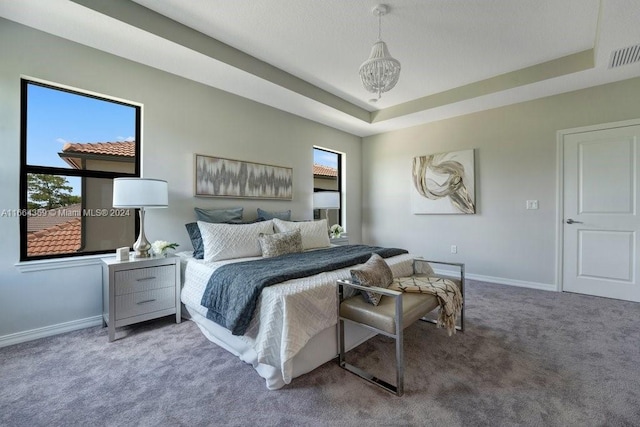 bedroom featuring a raised ceiling and carpet floors