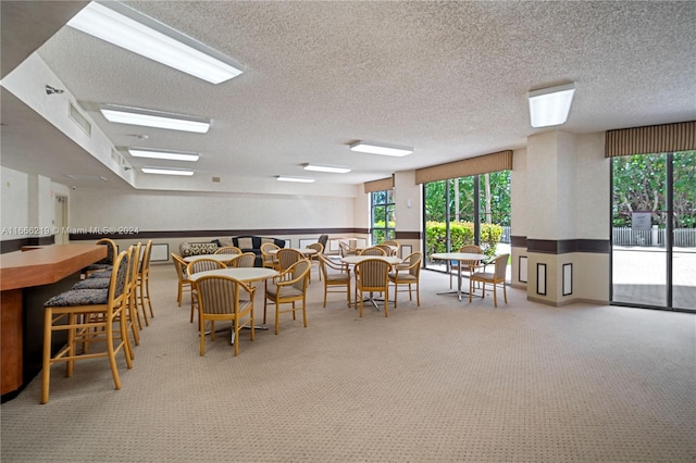 carpeted dining space with a textured ceiling