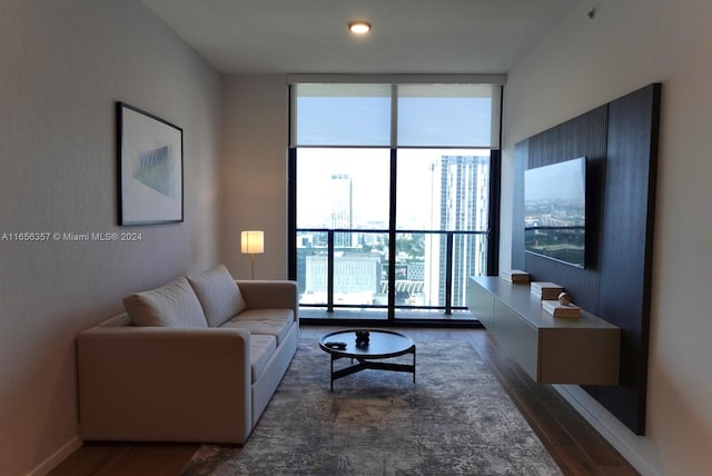 living room with floor to ceiling windows and dark wood-type flooring