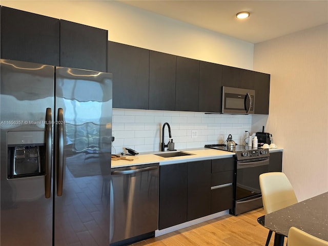 kitchen with sink, stainless steel appliances, light hardwood / wood-style floors, and decorative backsplash