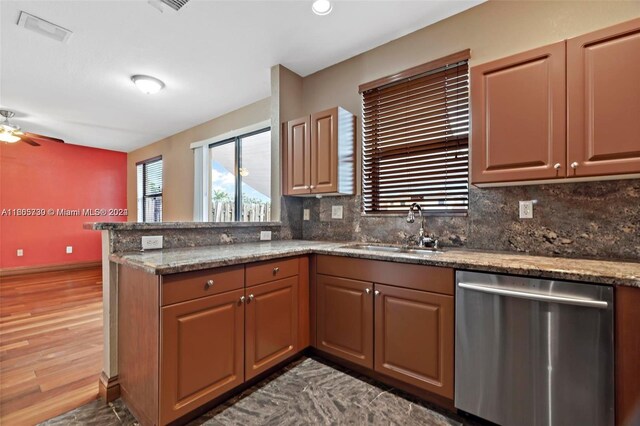 kitchen with decorative backsplash, kitchen peninsula, dark hardwood / wood-style flooring, stainless steel dishwasher, and sink