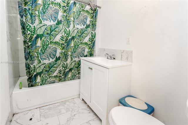 full bathroom featuring vanity, toilet, and shower / bathtub combination with curtain