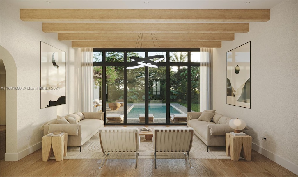 interior space featuring hardwood / wood-style flooring and beamed ceiling