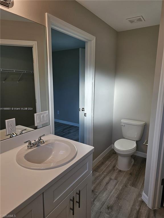 bathroom with wood-type flooring, vanity, and toilet