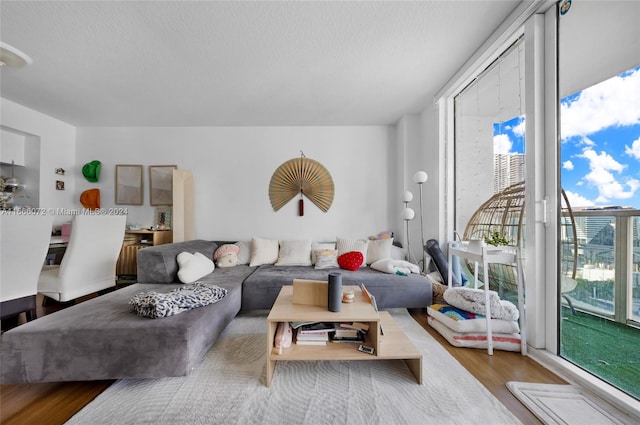 living room featuring a textured ceiling and light wood-type flooring