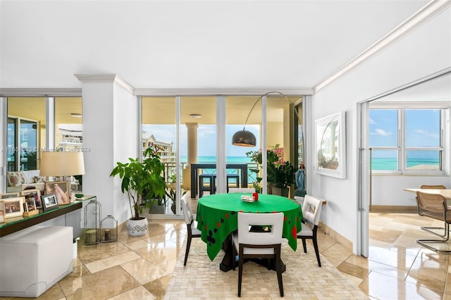 dining room with ornamental molding and a water view