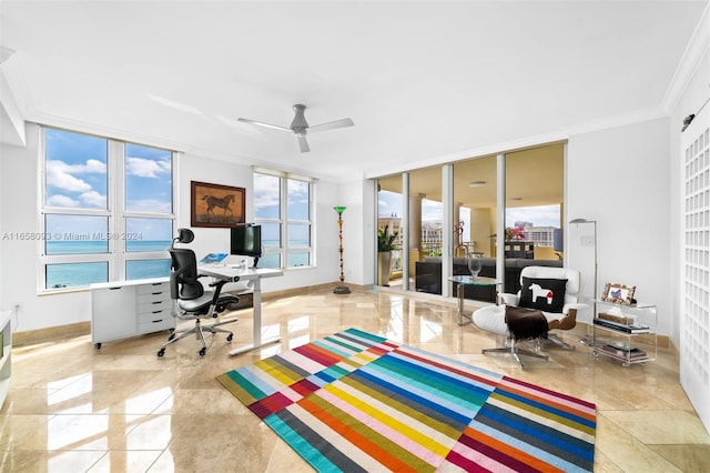 office space with ceiling fan, crown molding, and expansive windows