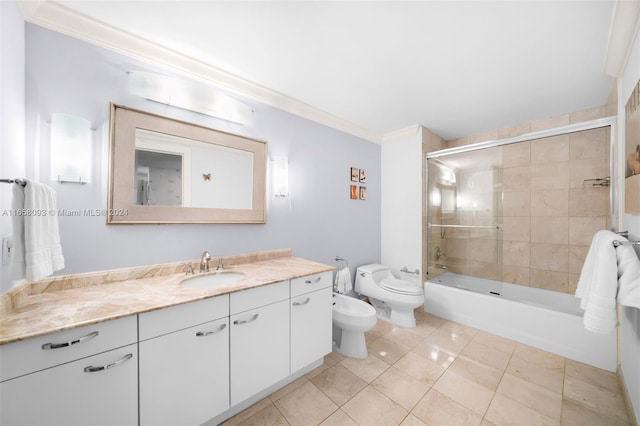 full bathroom with vanity, a bidet, bath / shower combo with glass door, crown molding, and toilet