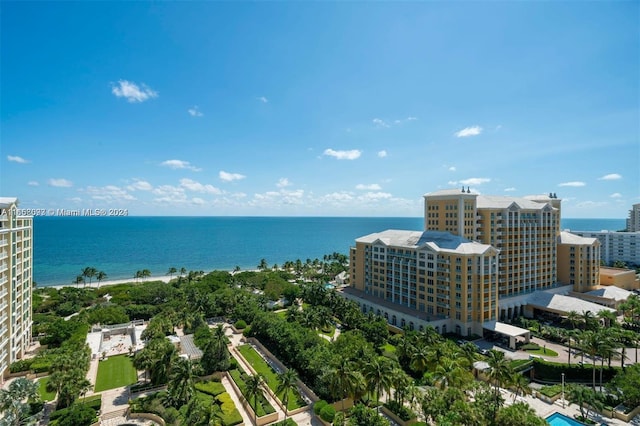 bird's eye view with a water view