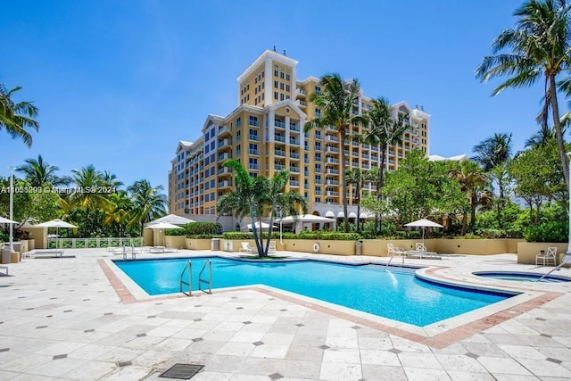 view of pool featuring a patio and a hot tub