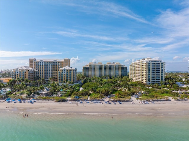 aerial view with a view of the beach and a water view