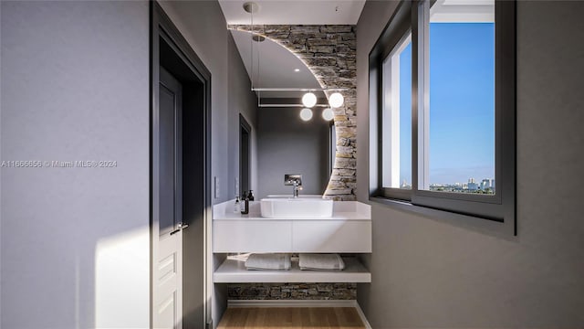 bathroom with vanity and hardwood / wood-style flooring