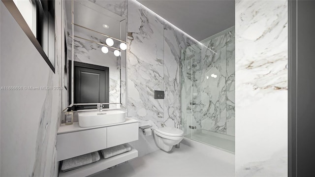 bathroom featuring concrete floors, tiled shower, vanity, and toilet