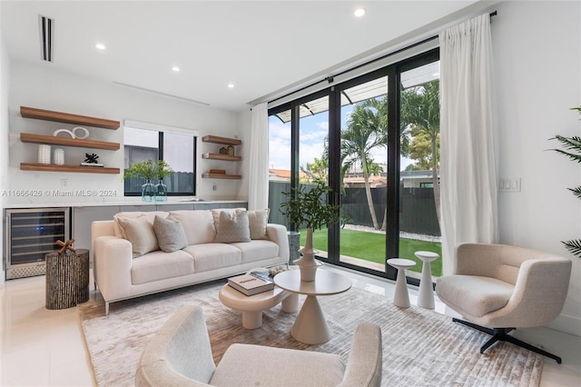 living room with wine cooler and a healthy amount of sunlight