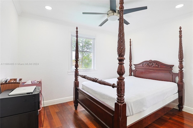 bedroom featuring crown molding, ceiling fan, and dark wood-type flooring