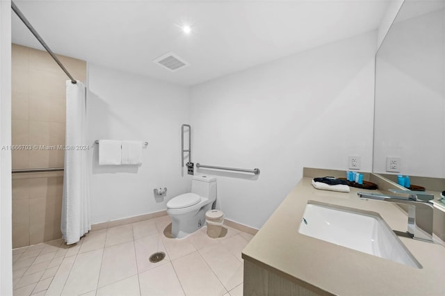 bathroom with toilet, baseboards, visible vents, a shower with shower curtain, and tile patterned flooring