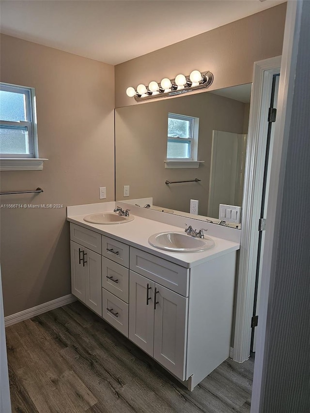 bathroom with hardwood / wood-style flooring and vanity